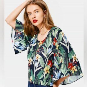 Zara Women's Size M Kimono Sleeve Blouse Cropped 3/4 Sleeve‎ Floral Tropical